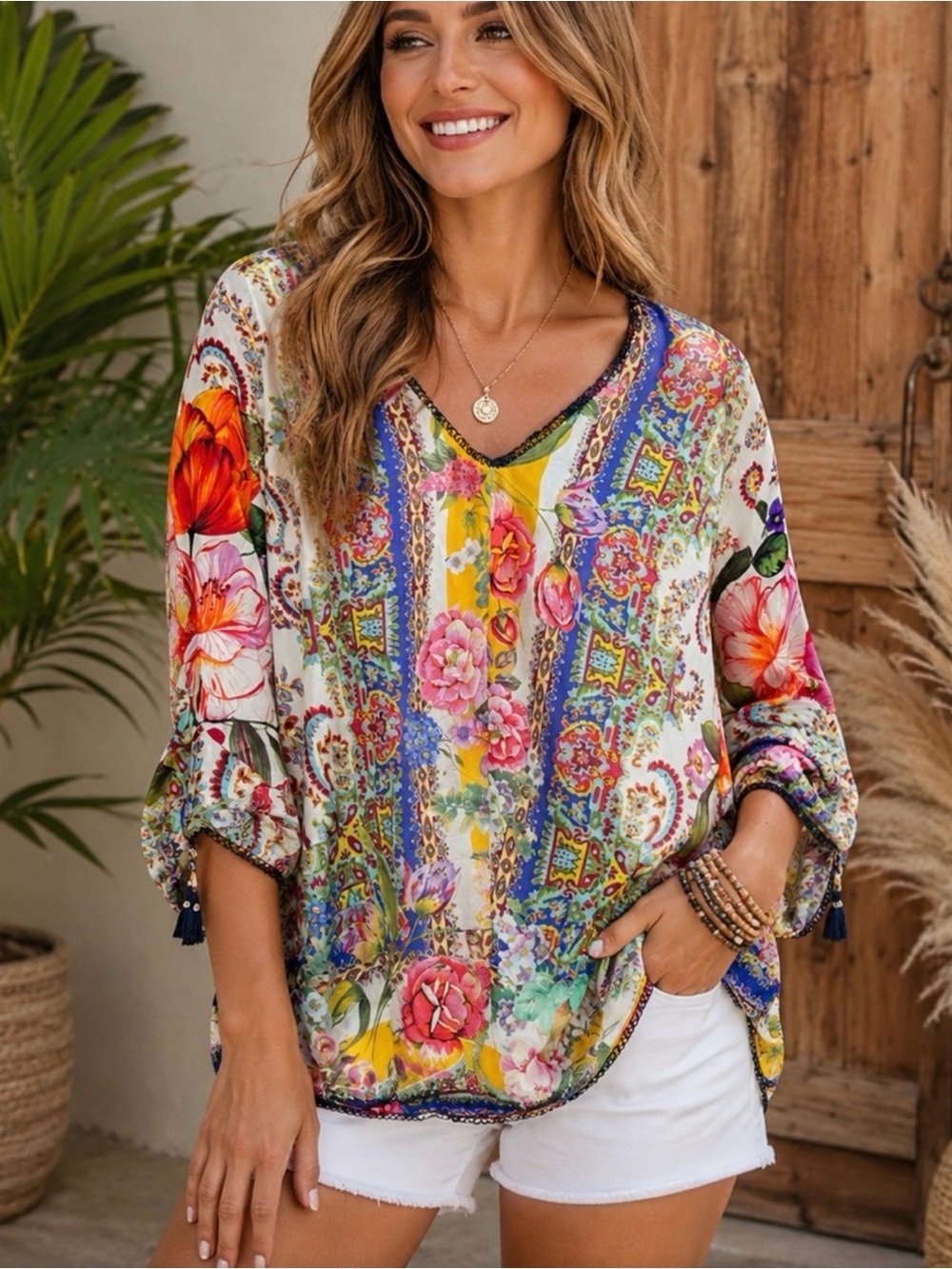 Johnny Was Sorbet Floral Print 100% Silk V-Neck Blouse - Boho
Tassel - Picture 7 of 11